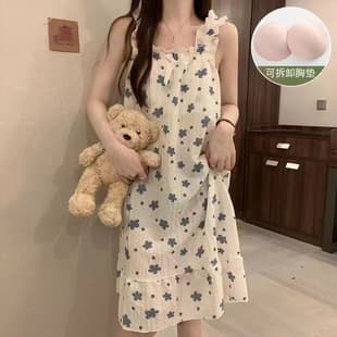 2026 Summer Pajamas with Built-in Bra Pastoral Style Sweet Camisole Wear-Out Loungewear Mid-Length Floral Nightgown
