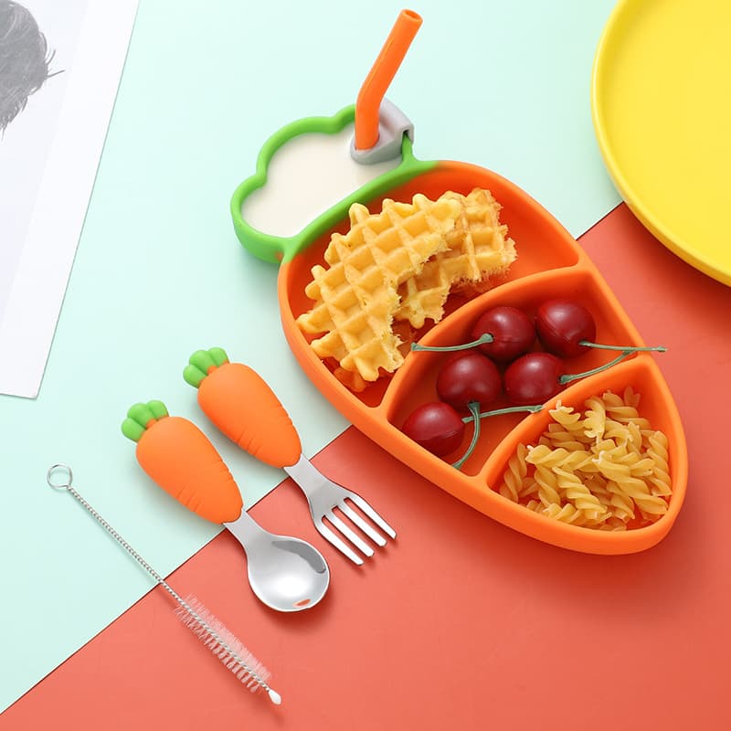 Children's Silicone Plate with Carrot Design, 304 Stainless Steel Fork and Spoon Set, Baby and Toddler Feeding Divided Plate