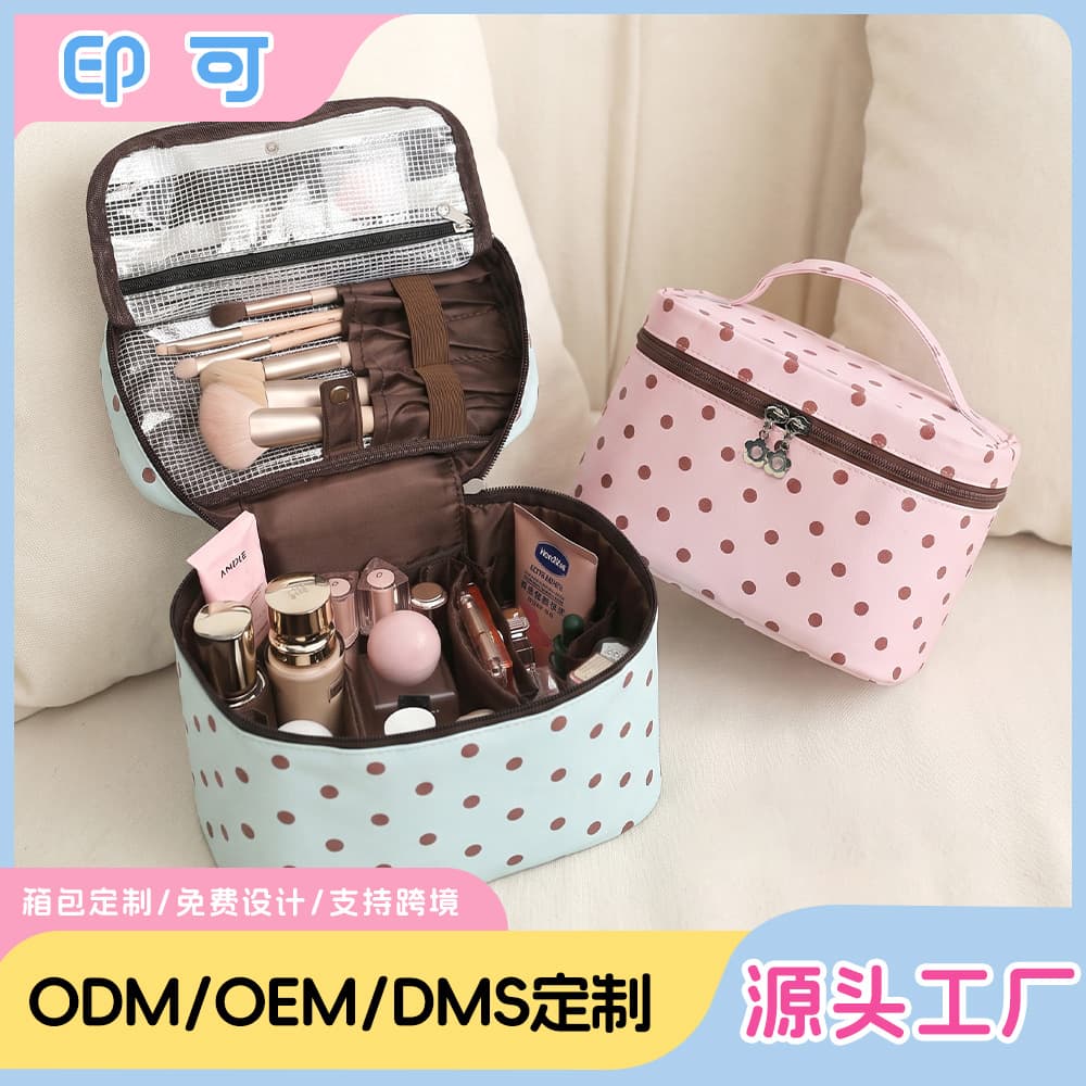 Factory custom-made new polka-dot portable bucket bag with brush position, layered large-capacity storage bag, multi-compartment cosmetic bag