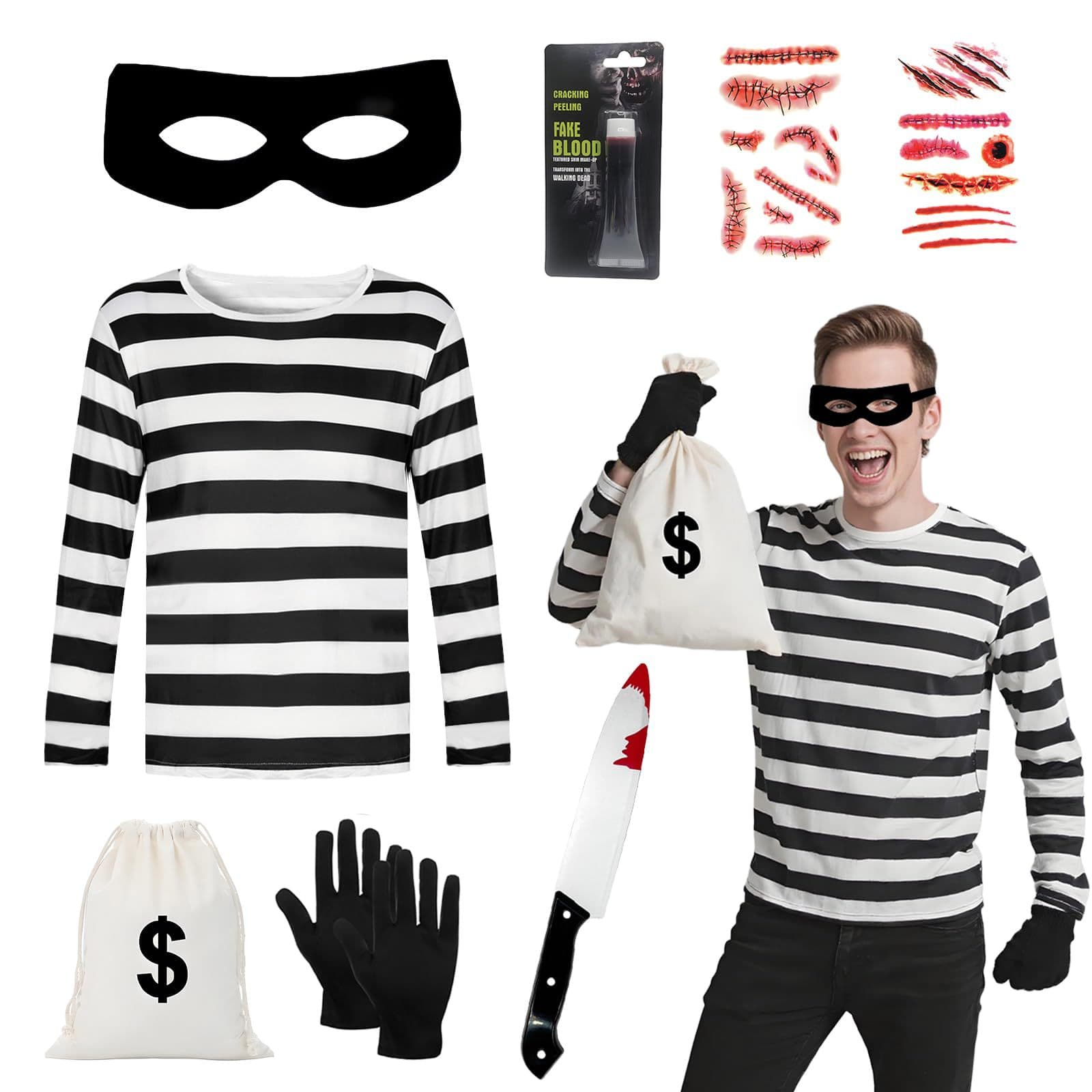 Halloween Thief Cosplay Rob Costume Striped Shirt Money Bag Mask Sticker Gloves Props LP988