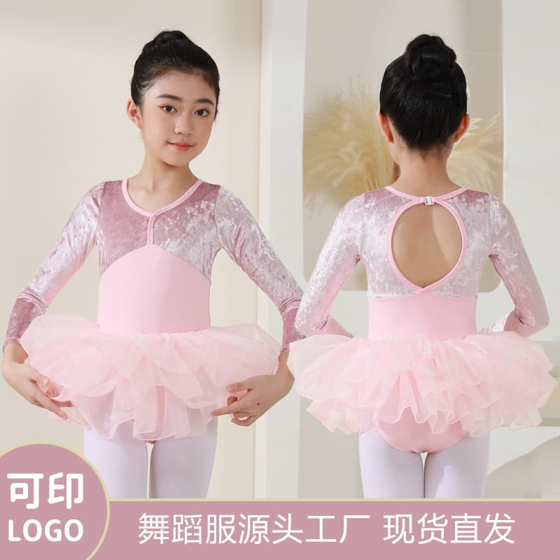 Girls Dance Outfit Long Sleeve Ballet Gymnastics Uniform Set Spring Autumn Children Performance Costume Soft Nylon Fabric Sweet Style