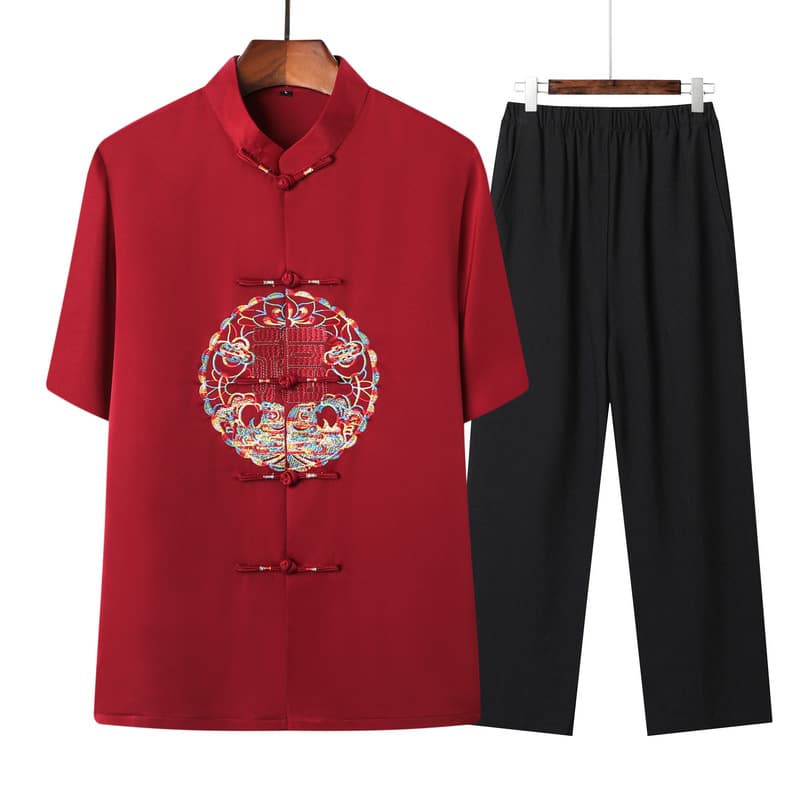 Summer wear middle-aged and elderly couple Tang style men and women short sleeve birthday celebration Chinese style formal attire, elderly ethnic style thin set