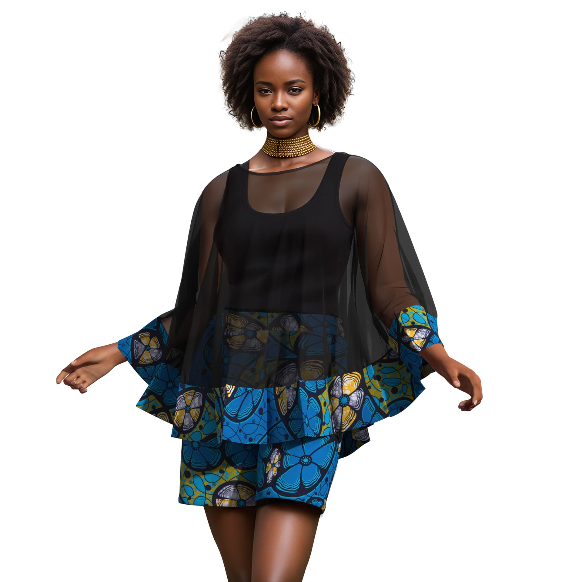 Cross-border women's clothing, African fashion, sexy two-piece set, loose batwing cover-up + shorts, dropshipping available.