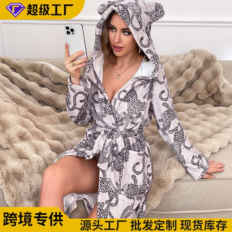 Cross-Border Autumn and Winter New Style Hooded Loungewear with Animal Print, Double-Sided Fleece Bathrobe, Flannel Warm Sleepwear Wholesale