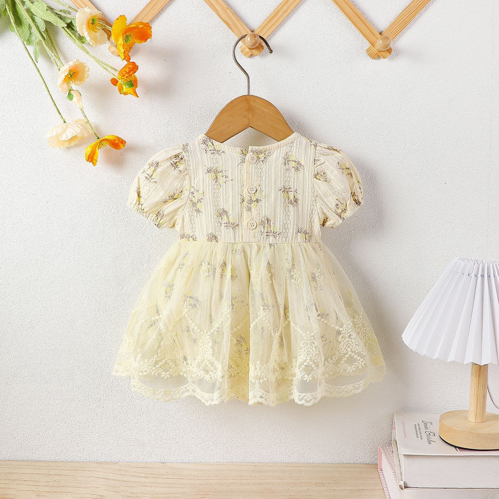 New Summer Korean Style Baby Girl Lace Floral Princess Birthday Dress with Diaper Cover for Toddlers