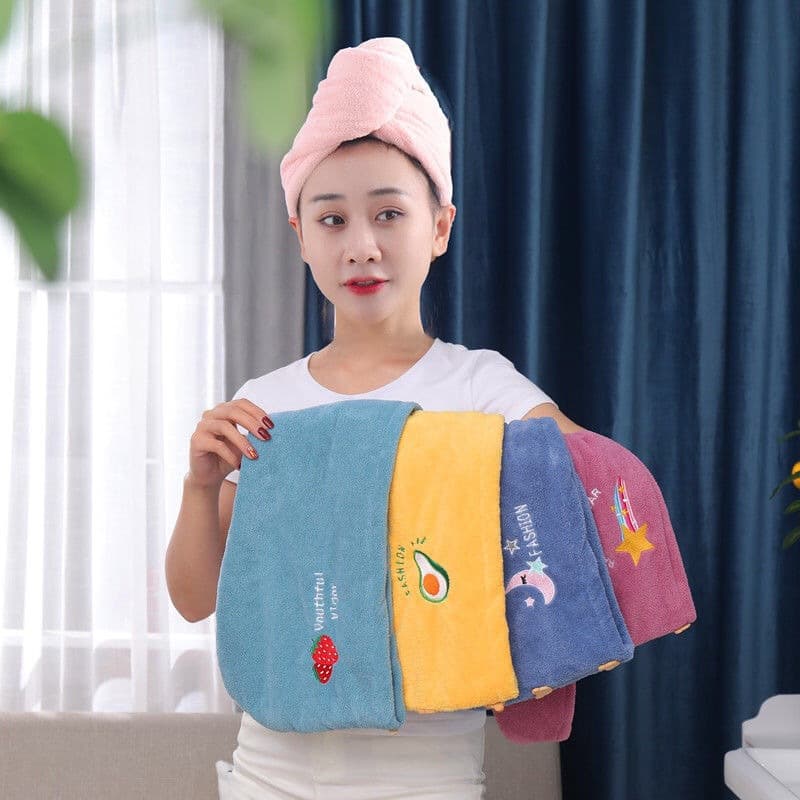 Coral fleece cartoon embroidered hair drying cap for women, thickened absorbent hair drying towel, cute shower cap, head towel wholesale