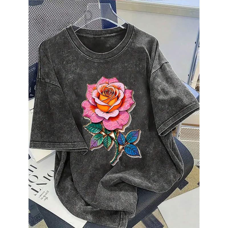 230G European Size Pure Cotton Pink T-Shirt With Rose Flower Print | Casual L
