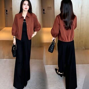 100% Cotton 3/4 Sleeve Jacket Blouse Coffee Thick Texture Slim Fit Elegant Shirt