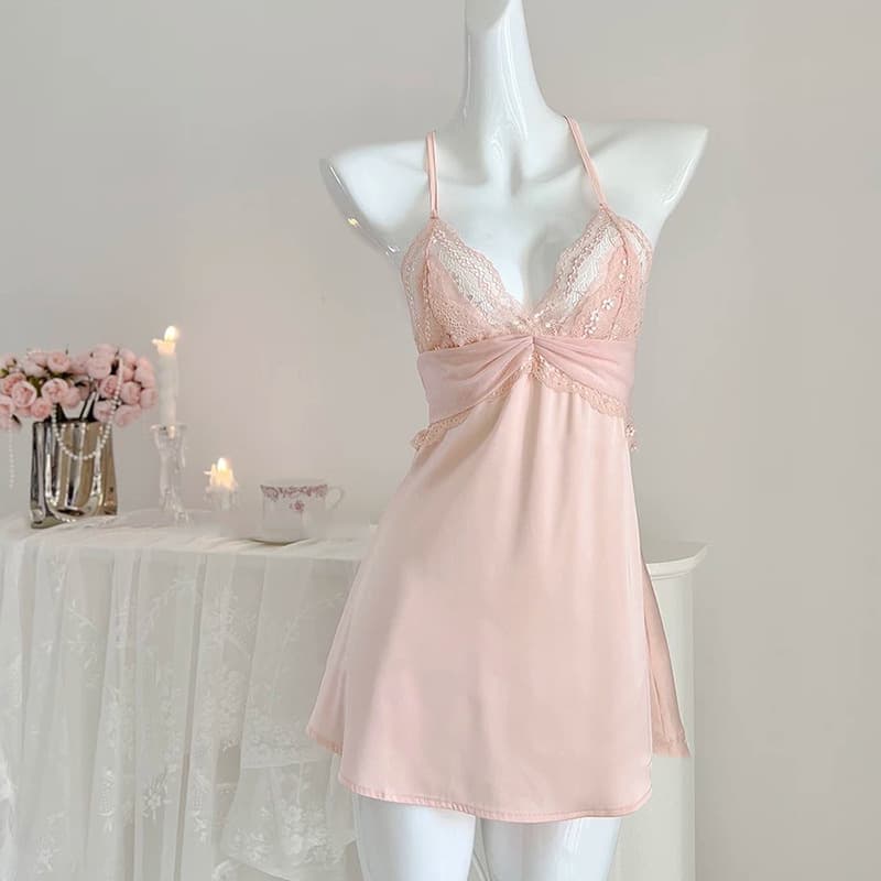 Lianchunniao Pure and Seductive Lace Princess Camisole Sleep Dress Summer Alluring Satin Backless Nightgown
