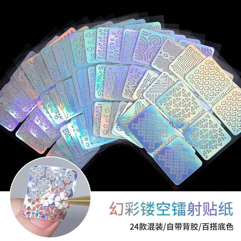 Nail Art Laser Hollow Stickers 24 Mixed Square Nail Stickers Three-dimensional Print Stickers French DIY Nail Accessories