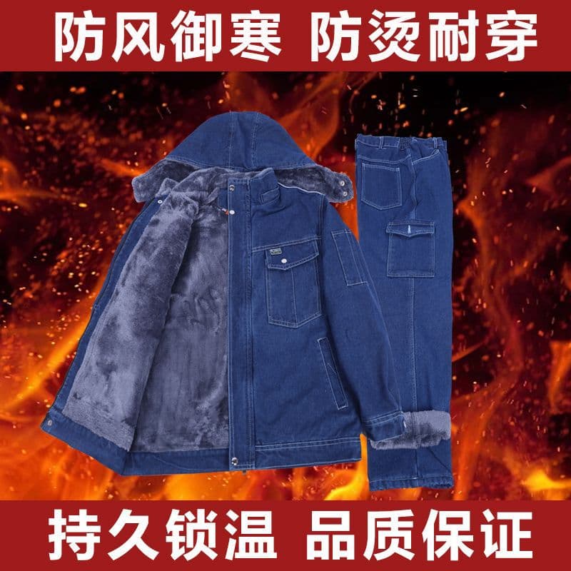 Workwear wear-resistant denim flame-resistant fleece jacket welding thermal winter labor protection workwear welding cotton coat thickened