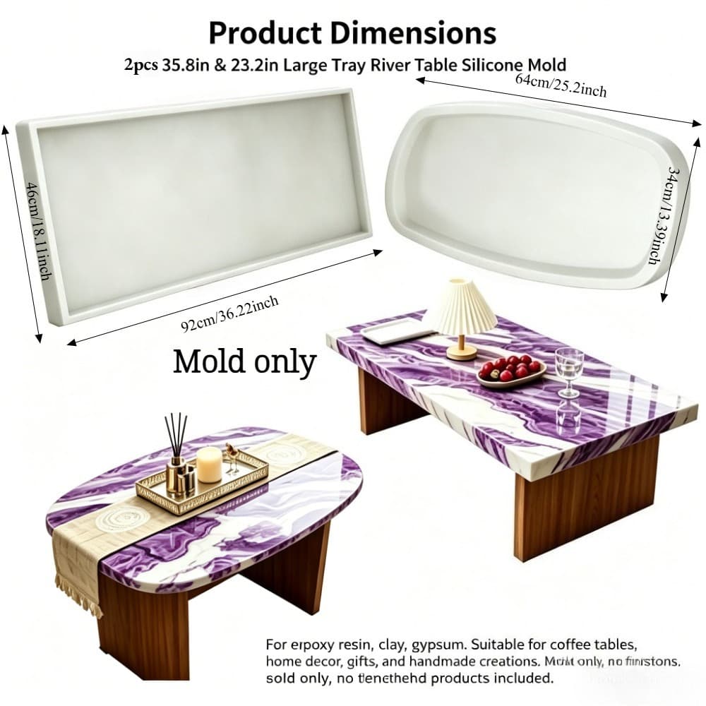 Long oval two large river table silicone mold epoxy resin coffee table tray DIY hand-poured