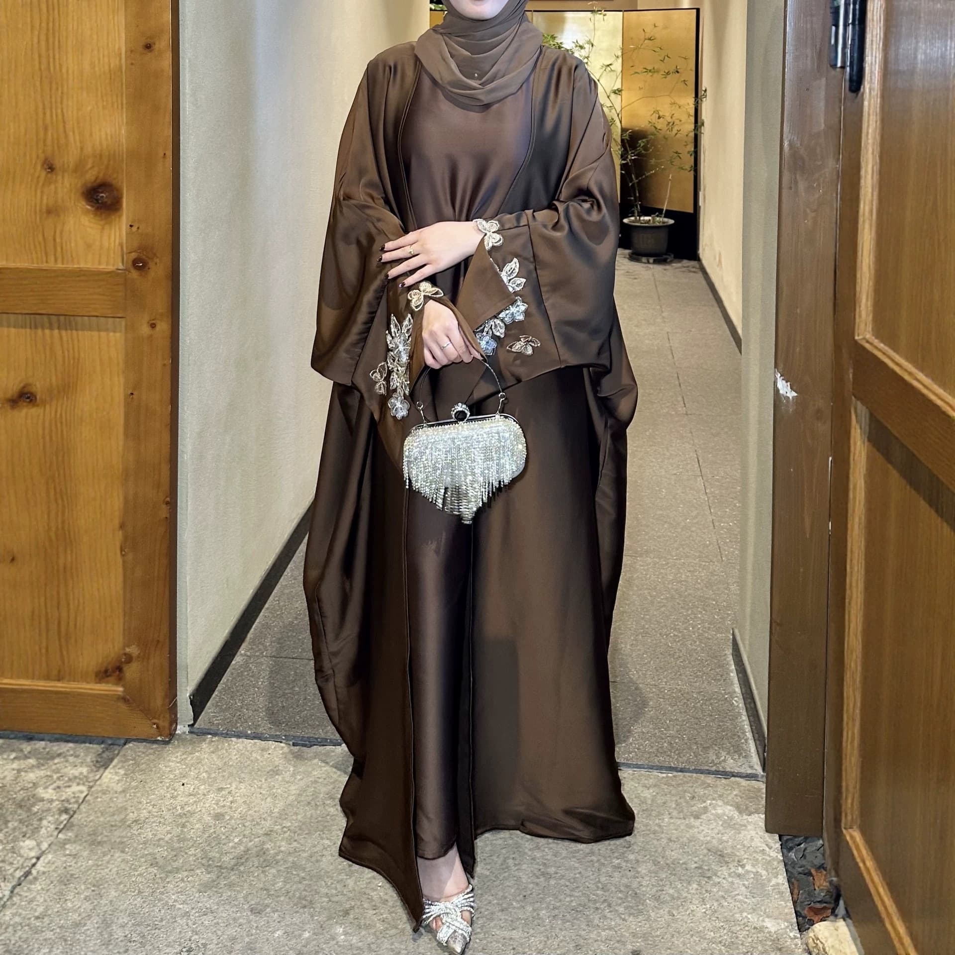 Embroidered Sleeve Cardigan, Luxurious Open-Front Abaya, Embroidered Satin Abaya, Long Dress