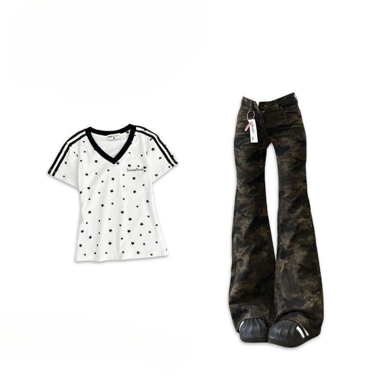 Full Star Print Short Sleeve Top + Camo Jeans Set Summer New Style Big Kid Ins Style Girl 0072A111