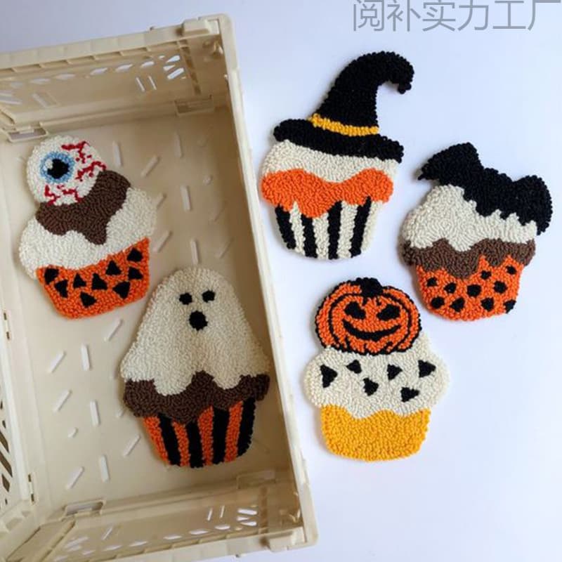 Handmade Halloween Punch Needle Yarn Coasters, Beginner DIY Insulating Pads as Gifts for Girlfriends