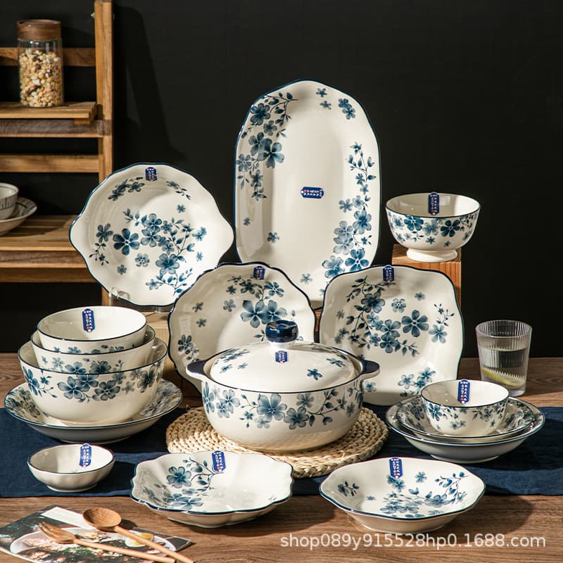 Zunxiang Little Blue Star Ceramic Tableware Bowl Plate Dish Underglaze Color Household Dinner Plate Rice Bowl Microwave Safe Set New Chinese Style