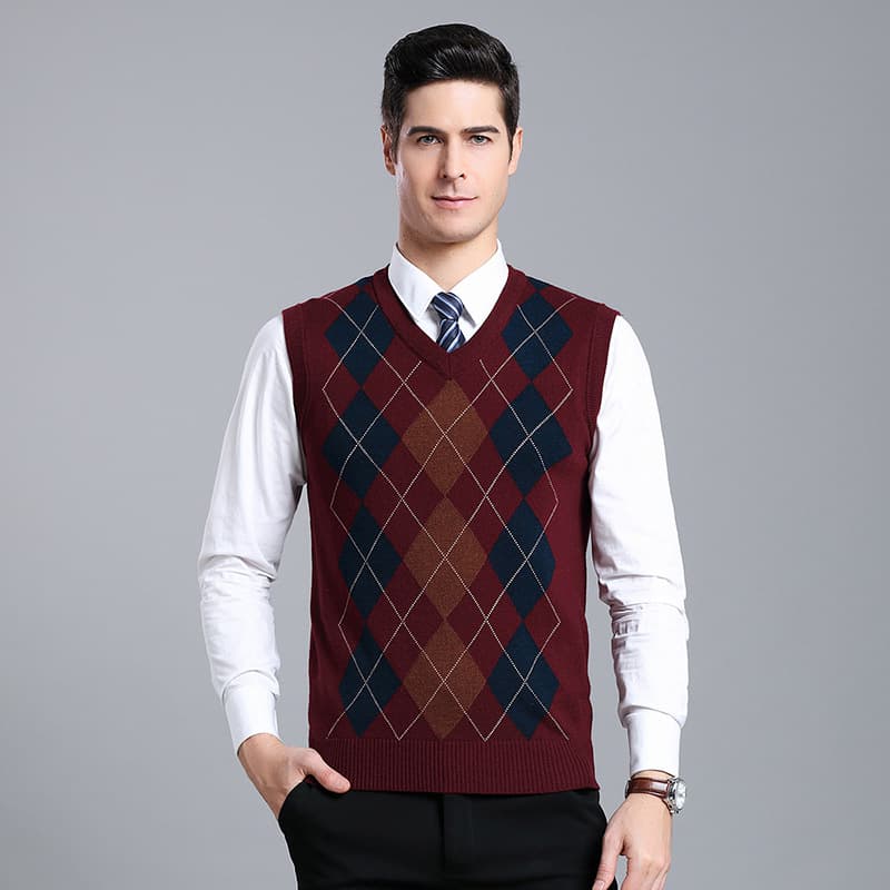 V-Neck Wool Vest Sleeveless Diamond Pattern Knitted Vest Inner Wear Sweater Men's Waistcoat Gentleman Style Business Gentleman