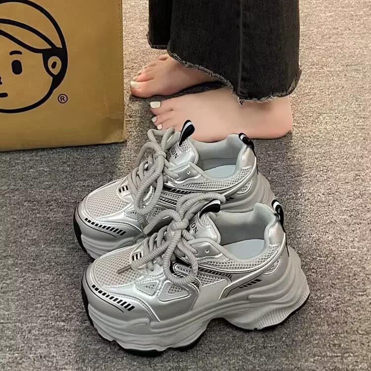 Vintage Dad Shoes for Women 2026 Spring/Summer New Chunky Casual Sneakers Versatile Silver Mesh Breathable Height-Increasing Sports Shoes