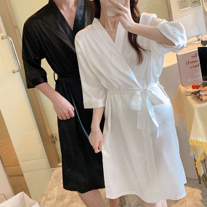Mute White Couple Robe Women Spring Summer Real Silk Satin Tie Bathrobe Long Thin Hotel Style Plus Size Men and Women Home