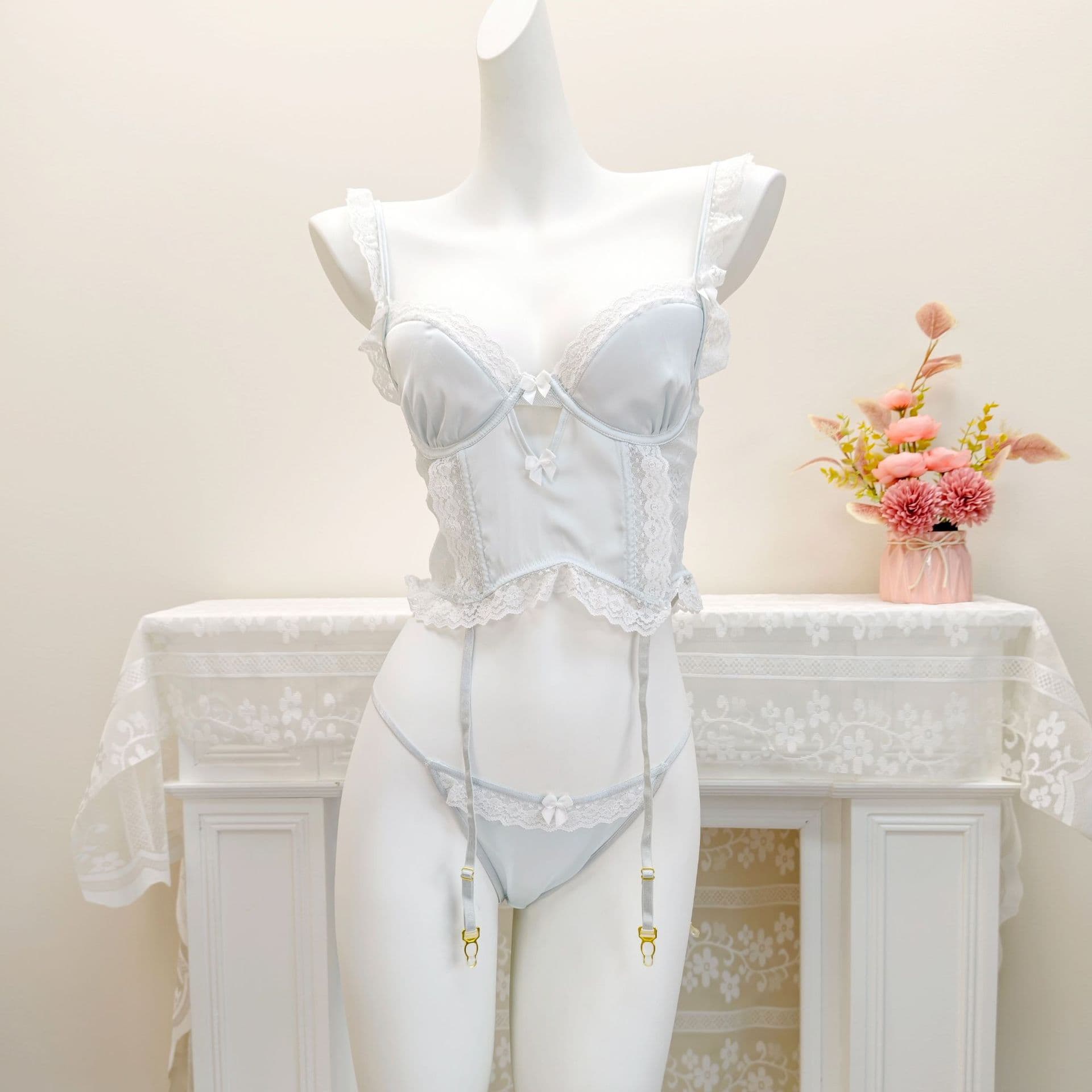 Cross-border Premium Pajamas Two-piece Set with Pads Steel Wire Lace Patchwork Sexy Lingerie Pure Desire French Lingerie Women