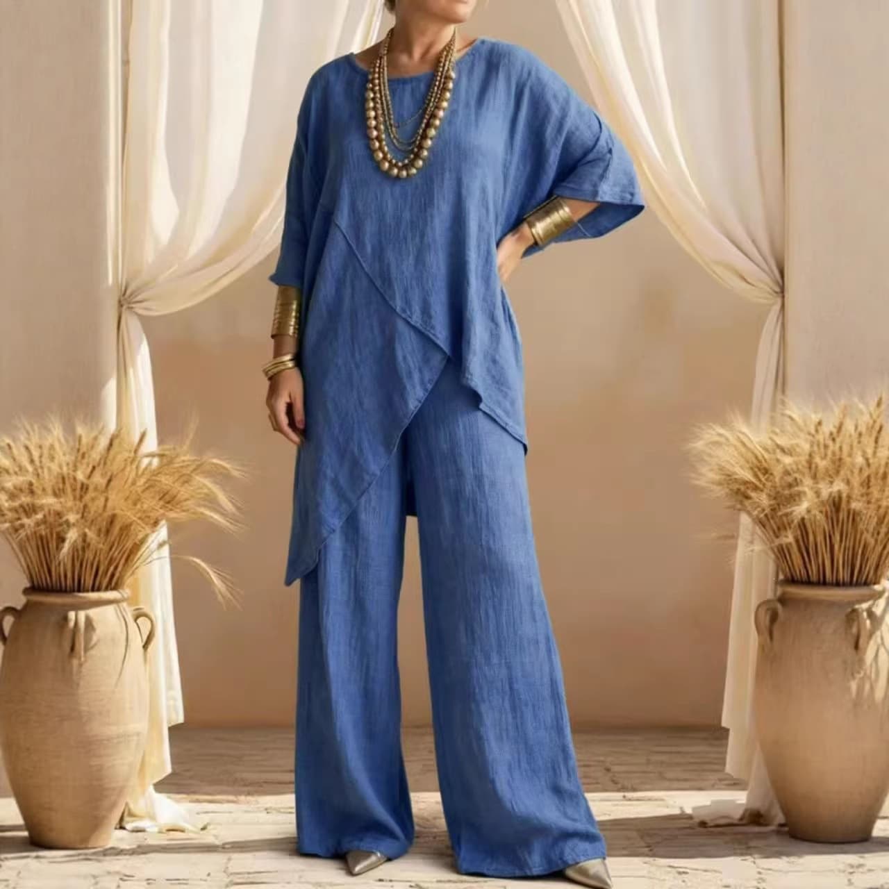 2026 Summer New European Cross-Border Women's Two-Piece Cotton Linen Sleeve Round Neck Loose Casual Irregular Hem Set