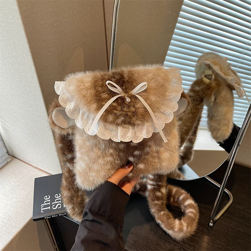 Winter Japanese-Style Cute Girl Fuzzy Bag New Deer Pattern Shoulder Crossbody Bag Cute Phone Bag Plush Bag