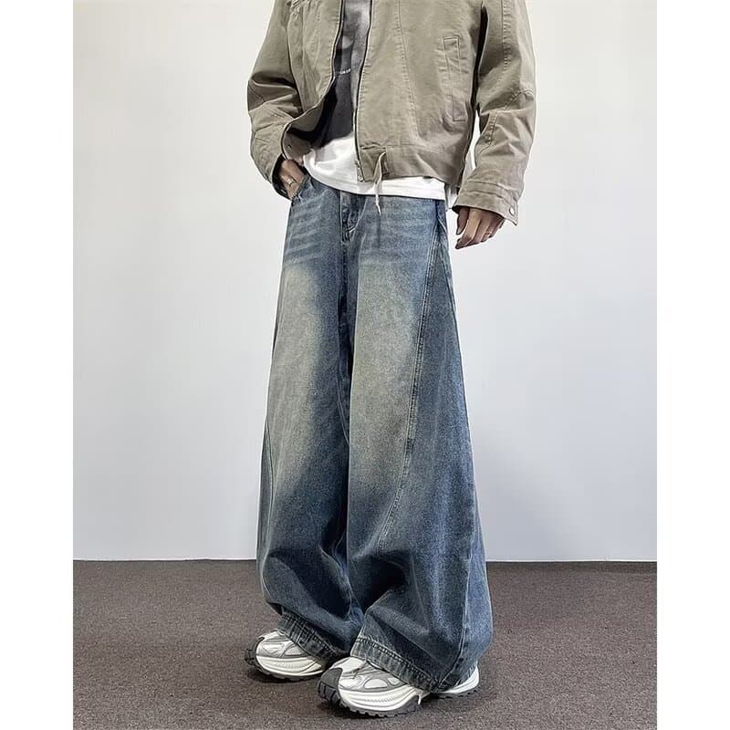 American Wide-Leg Curved Knife Jeans for Men Spring/Autumn Street Style Long Pants Straight Loose Baggy Floor-Length Trousers