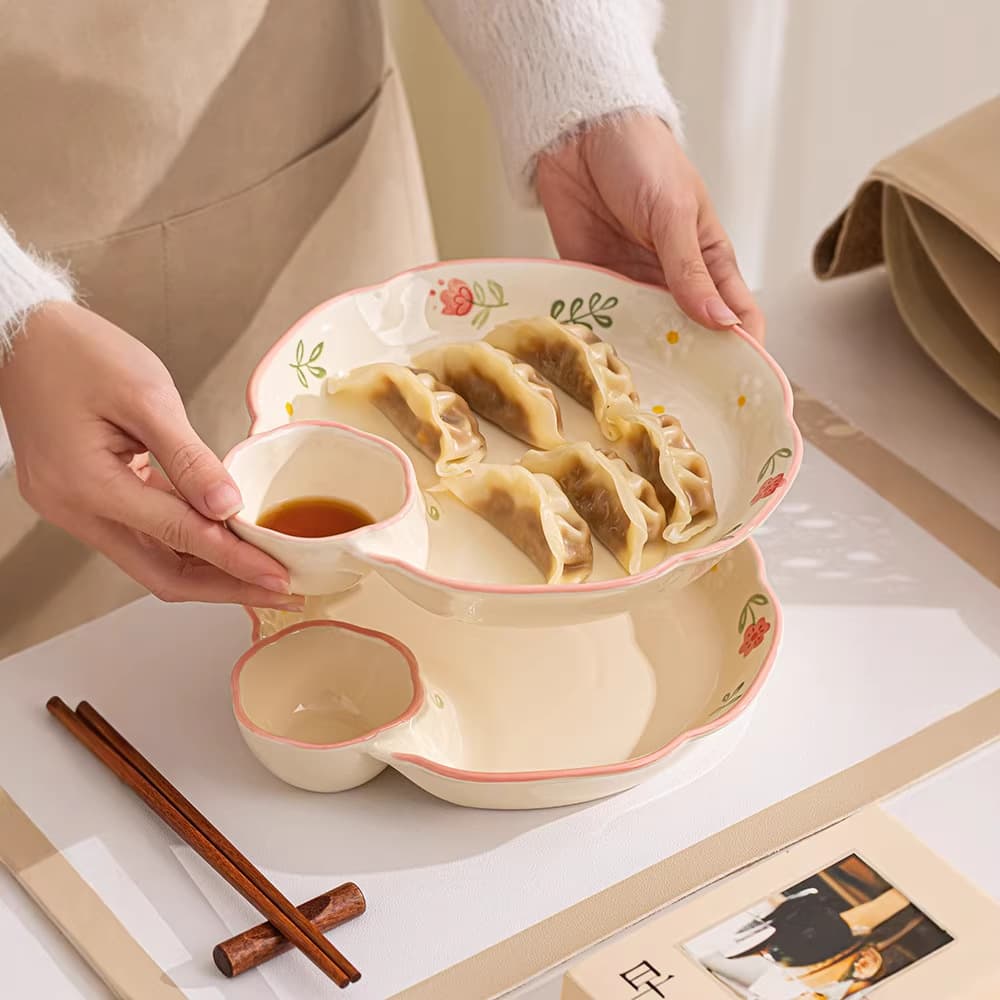 Special plate for eating dumplings with vinegar plate 2025 new ceramic grid plate dumpling plate household French fries plate snack plate