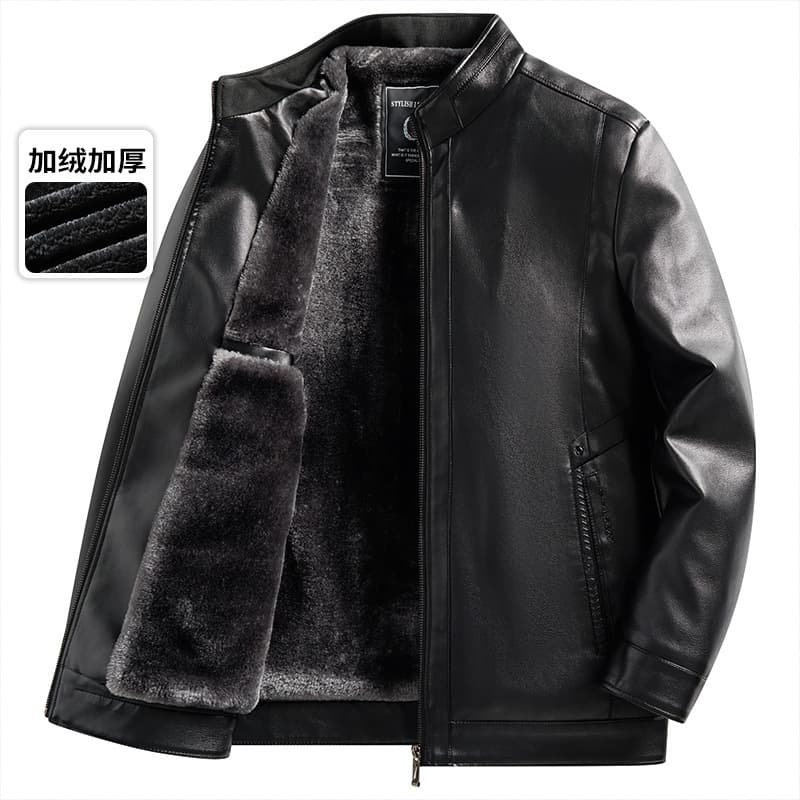 Dad's Fleece-Lined Thickened Leather Jacket Men's Winter Coat Warm Stand Collar Leather Jacket for Middle-aged and Elderly
