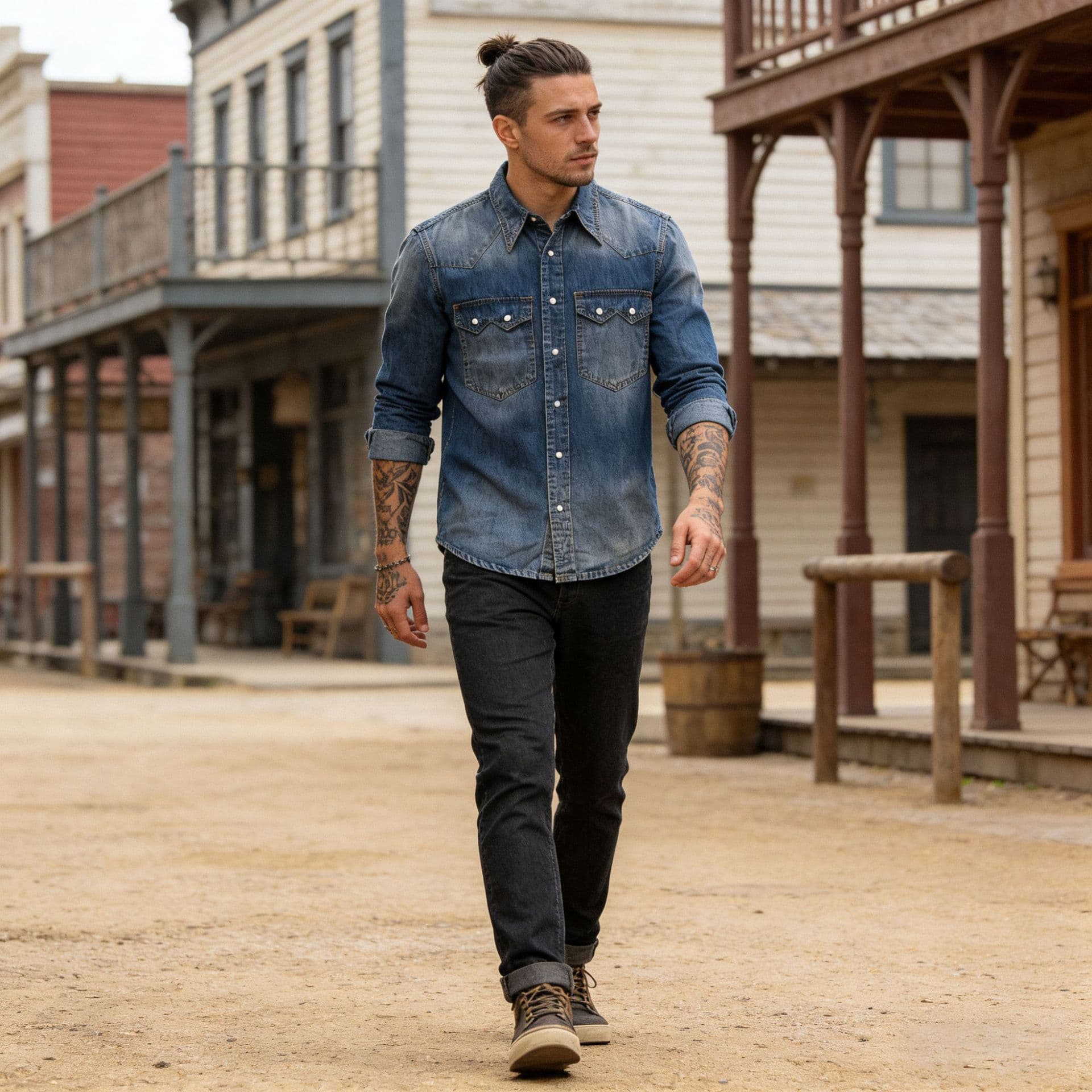 OKONKWO Amekaji American Retro Pearl Snap Washed Slub Denim Shirt Raw Denim Shirt
