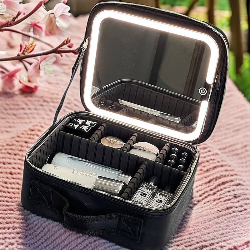 Lighted Cosmetic Bag with Mirror, LED Lights, Portable Travel Makeup Organizer for Home and Travel, Light Luxury Style