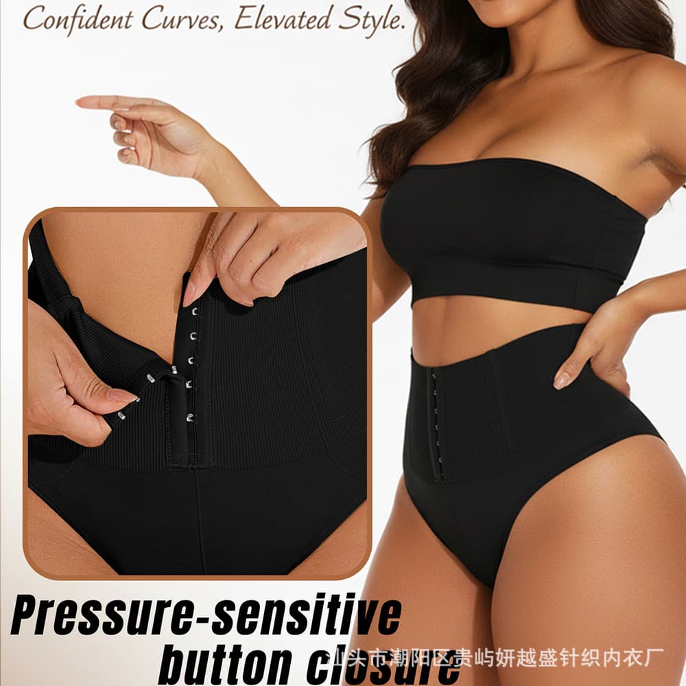Women's thong shapewear with front buttons, high-waist T-back panties, seamless tummy control, butt-lifting, anti-roll shaping pants