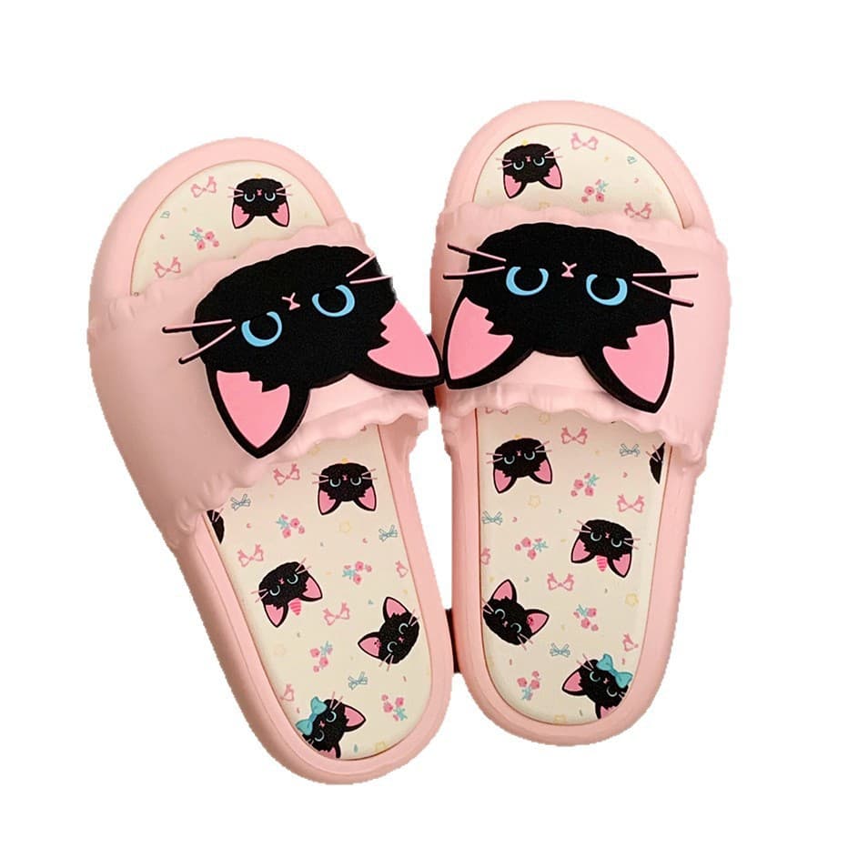 Fashionable Summer Slippers for Outdoor Wear, Casual Soft Sole Women's Sweet Cool Black Cat One-Strap Slippers for Indoor and Outdoor Use, Wholesale