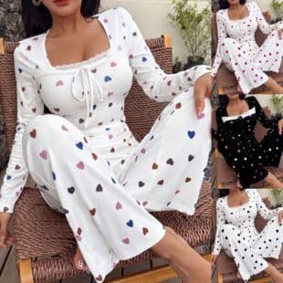 Cross-border Women's Lace Pajamas with Ribbed Knit, Fashionable Comfortable Tie-front Long-sleeve Long Pants Loungewear Set, Suitable for Outdoor Wear