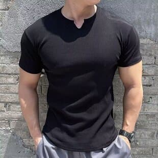 Sports T-Shirt Cuffed Short Sleeve Stretch Muscle-Defining Wrinkle-Resistant V-Neck Gym Wear Quick-Dry Running Training Men's Summer American Style