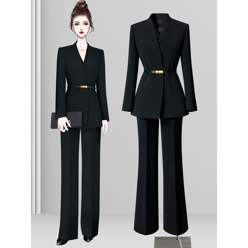 Women's Suit Set Spring Autumn Elegant Goddess Style High-End Black Casual Blazer Formal Occasion Business Attire