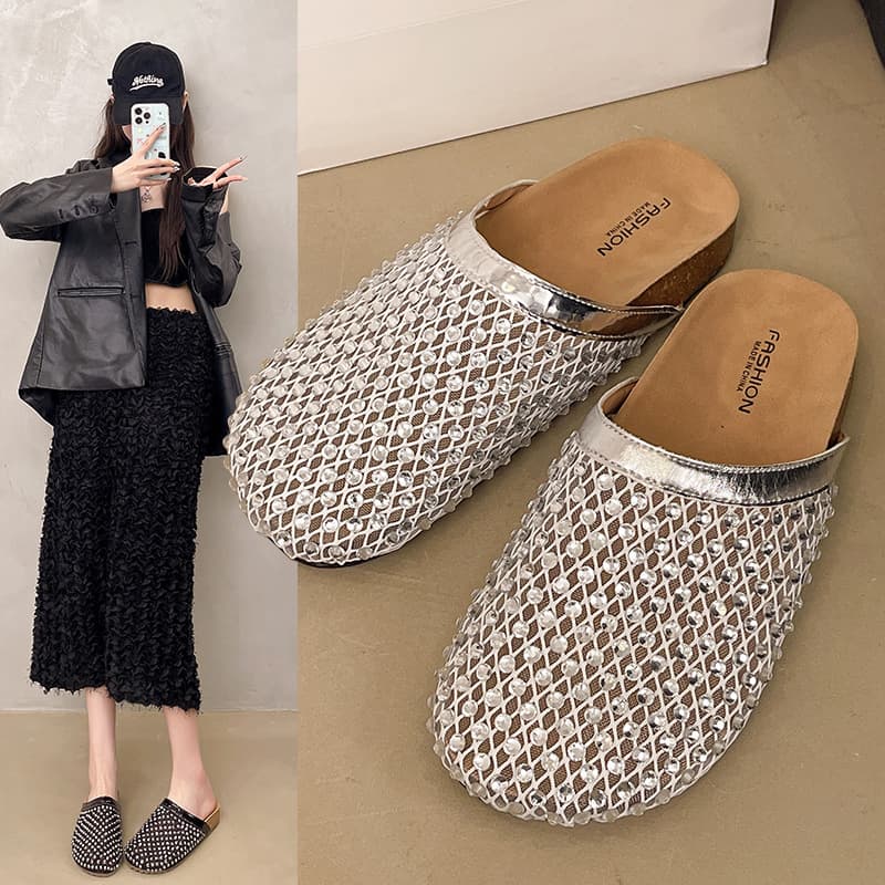 Hollow Fishnet Toe-Toe Sandals for Women 2025 Summer New Outer Wear Thick-Soled Slip-On Lazy Half-Slip Mule Shoes