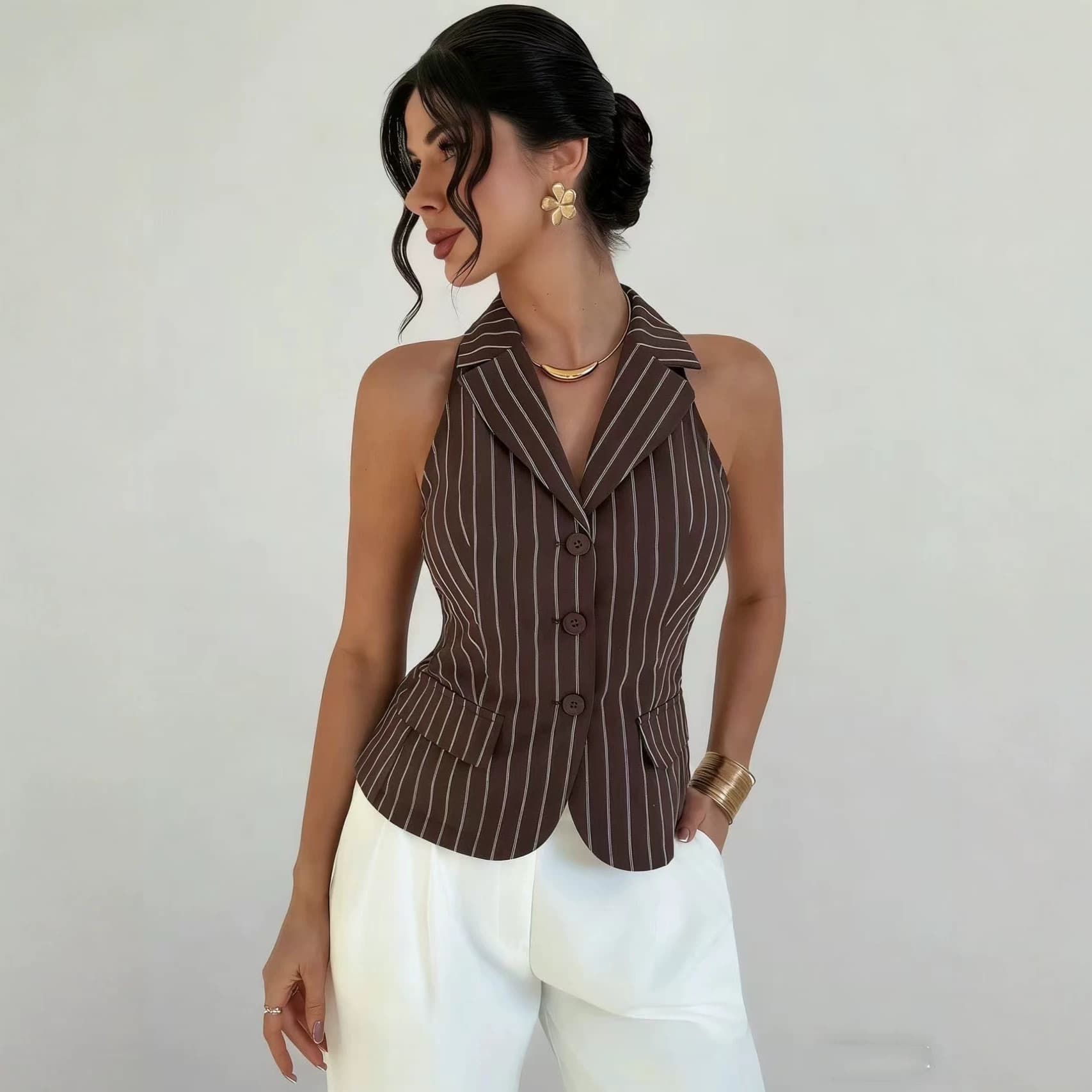Women's Elegant Minimalist Commuter Retro Collar Brown Striped Waistline Sleeveless Suit Vest