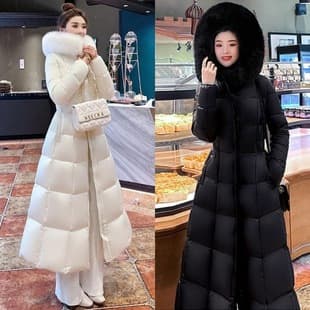 Women's Winter 2025 New Thick Fox Fur Collar Down Cotton Coat Long Hooded Waist-Tied Overcoat