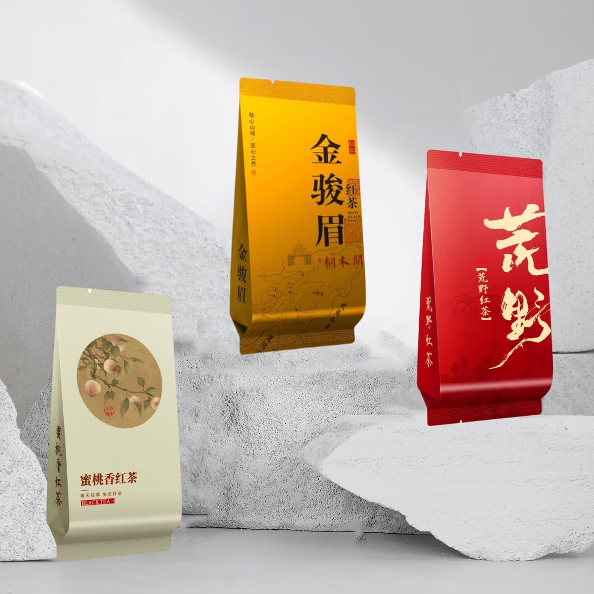 Wuyi color-printed standard bags for packaging Jin Jun Mei, Xiao Chi Gan, Fei Zi Xiao, and other teas like Zheng Shan Xiao Zhong.
