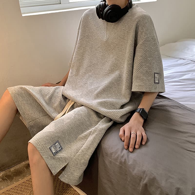 Waffle Weave Short Sleeve Set Men Hong Kong Style 2023 Casual Top and Pants Loose T-Shirt Trendy Sports Shorts Men