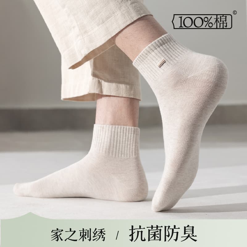 Socks men's spring and summer thin embroidered socks pure cotton deodorant sweat-absorbent antibacterial business mid-calf socks pure cotton