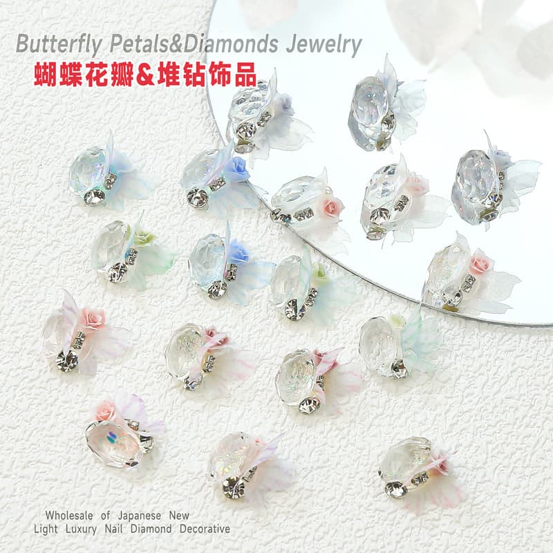 Nail art pile diamond jewelry transparent crystal dove egg butterfly right angle rose flower nail diamond ball flash diamond bow
