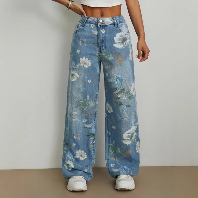 2026 Spring/Summer New Arrival Women's Printed Jeans Lightweight Mid-Rise Loose Wide-Leg Jeans