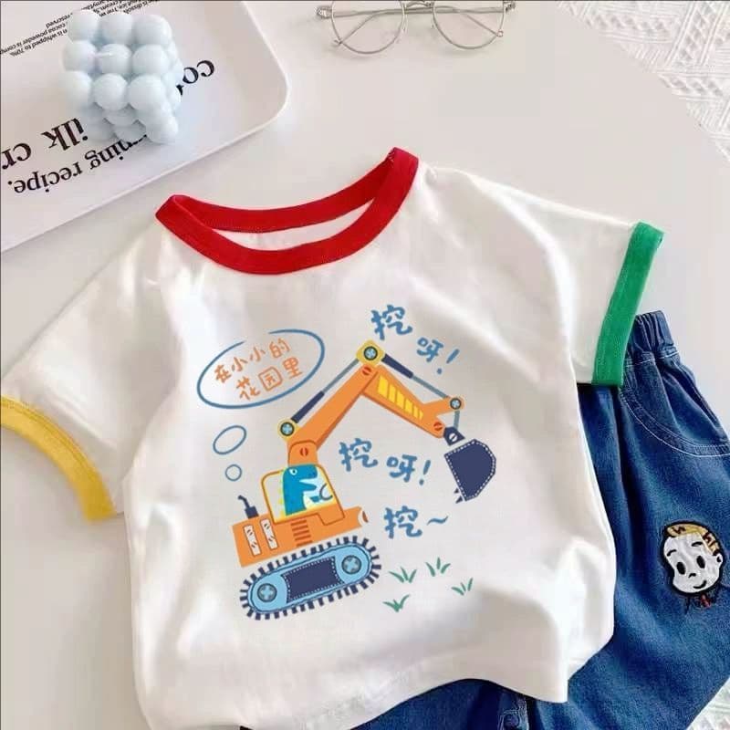 Boys and Girls Pure Cotton Short Sleeve T-Shirt Baby New Summer Fashion Kids Cartoon Excavator Top