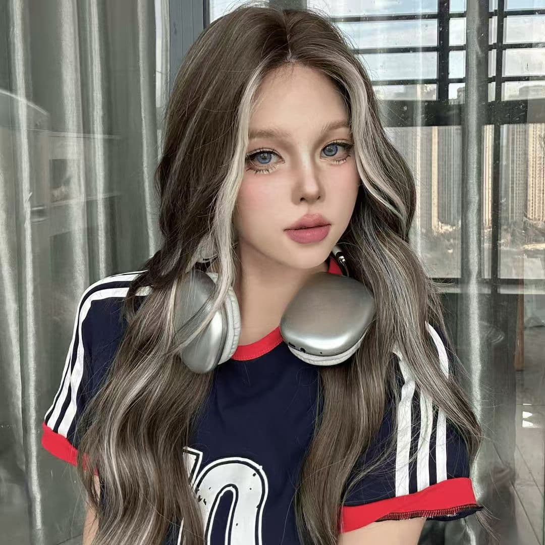 Kuku Princess Small Lace Wig for Women Long Curly Hair Gray Gold Highlights Natural Full Cap American Asian Style Wig