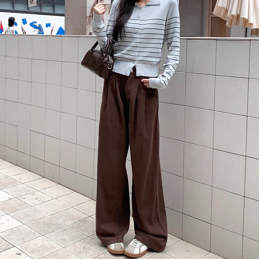2025 spring and autumn new style high-waist pleated design loose slimming wide-leg floor-length pants brown jeans