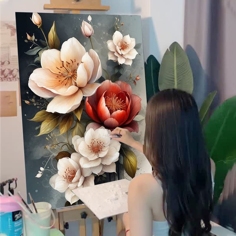 Camellia Digital Oil Painting DIY for Export, Hand-Painted Acrylic Decorative Art, Factory Wholesale Drop Shipping, No Inner Frame