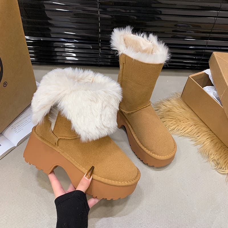 2026 Spring New Chunky Heel Pointed Toe Belt Buckle Faux Fur Lined Warm Stacking Boots European and American Style Faux Fur Long Boots for Women