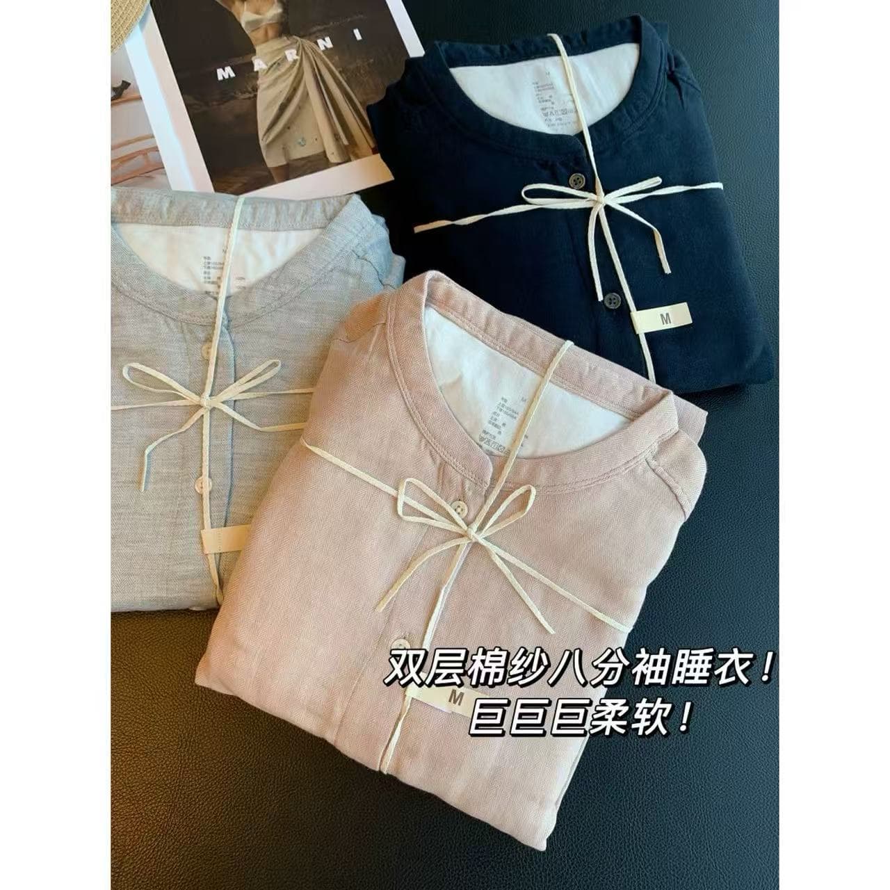Double-Layer Cotton Gauze Three-Quarter Sleeve Pajamas, Soft Japanese-Style Herringbone Pattern Stand-Up Collar Home Pajama Set S0313T